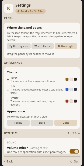 Settings, with every utility and its own switch