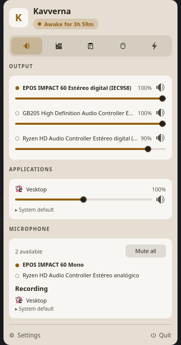 Sound: every output with live volumes, and one row per application